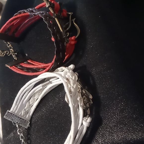 Leather braided layered charm bracelet. Red,brown,white. extendable - Picture 3 of 4
